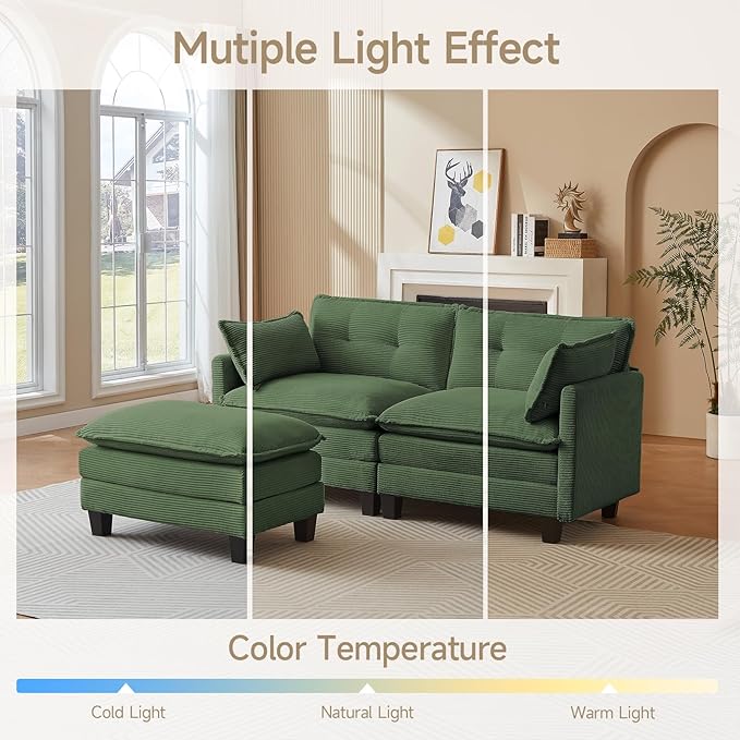 Modular Sectional Sofa, 76.5" L-Shaped Corduroy Comfy Sectional Couches for Living Room, 2-Seater Cloud Couches with 1 Movable Ottoman, Flexible Combination Modern Deep Seat Sofa (Green)