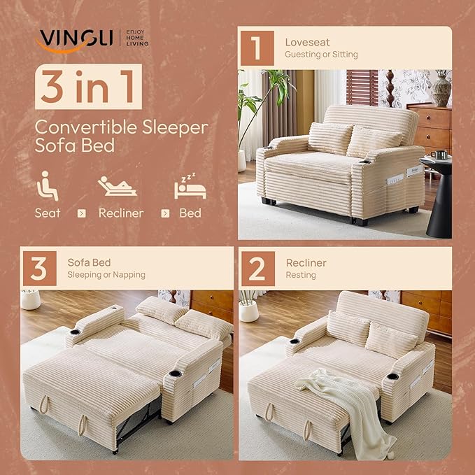 VINGLI Beige Futon Sofa Bed Convertible Loveseat Sleeper Sofa Couch, Corduroy Pullout Sofa Fold Out Couch Bed with USB Ports, Cup Holders, Armrest for Living Room, Bedroom Apartment Room | Loveseat Sleeper