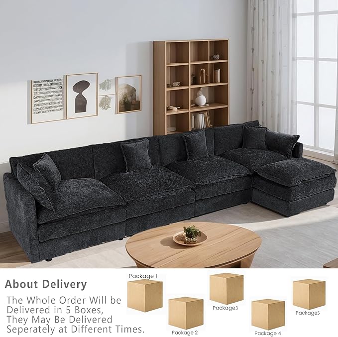 Setawix Deep 4 Seater Couch with Ottoman,147.22" L-Shaped Cloud Couches for Living Room,Chenille Cloud Sofa Couch with Deep Seat,Modular Sectional L Shape 4 Seat Sofa for Bedroom (Black, 4+1)