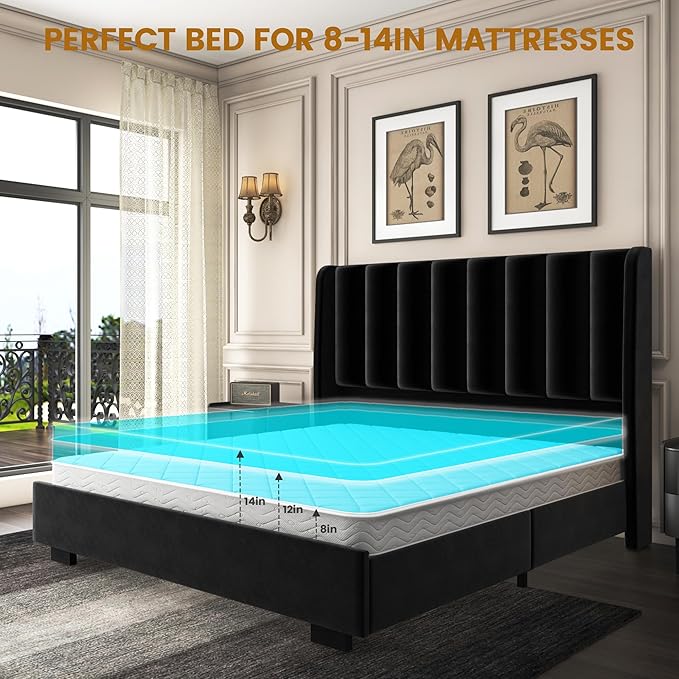knoworld Queen Size Lift Up Storage Bed Frame with 51" Tall Headboard, Upholstered Velvet Wingback Tufted Design, Wood Slats Support, No Box Spring Required, Noise-Free Double Bed Frame (Queen,Black)