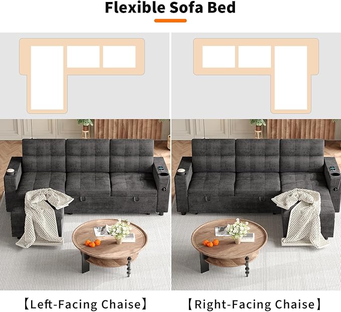 Garvee Couches for Living Room, 84'' Sofa Bed，l-Shaped Sectional Sleeper Sofa with Pull Out Bed，Reversible Storage Chaises， Hidden Storage Armrests，Cup Holders & USB Charging Ports