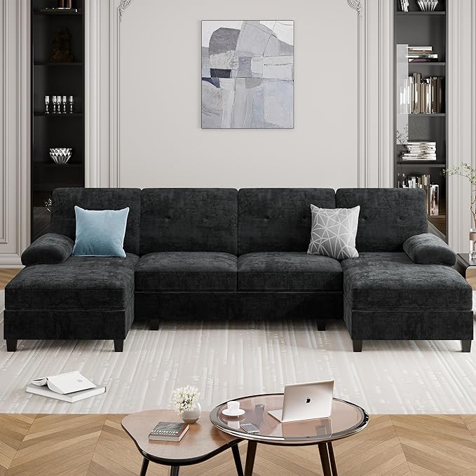 Meilocar Sectional Couches for Living Room, 106 in U Shaped Couch Soft Sectional Sofa with Double Chaise, Comfortable 4 Seat Sofa Couch (Black)