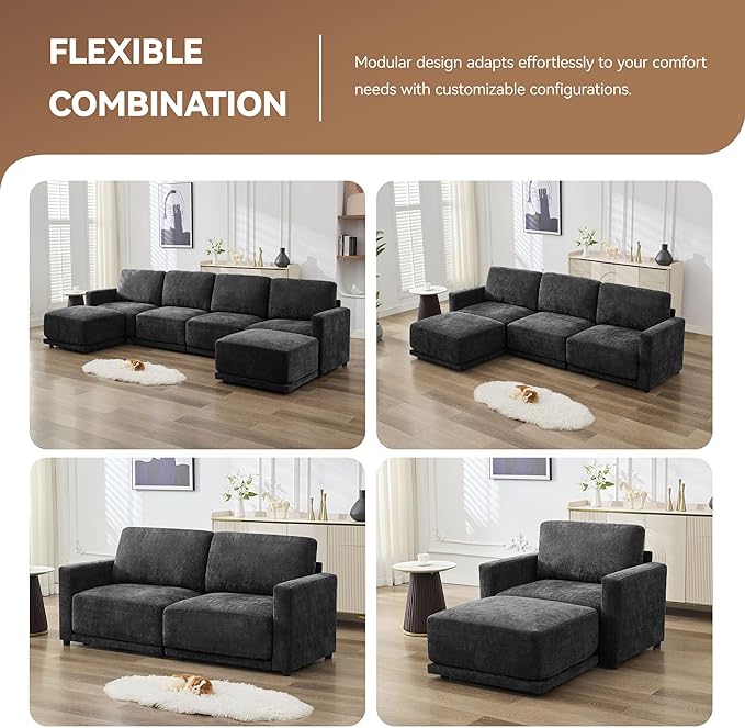 77.4" Chenille Modular Loveseat Oversized Upholstered 2 Seater Sectional Sofa with Thickened Cushions, Easy Assembly, Modern Comfy Love Seat Couch for Living Room, Black