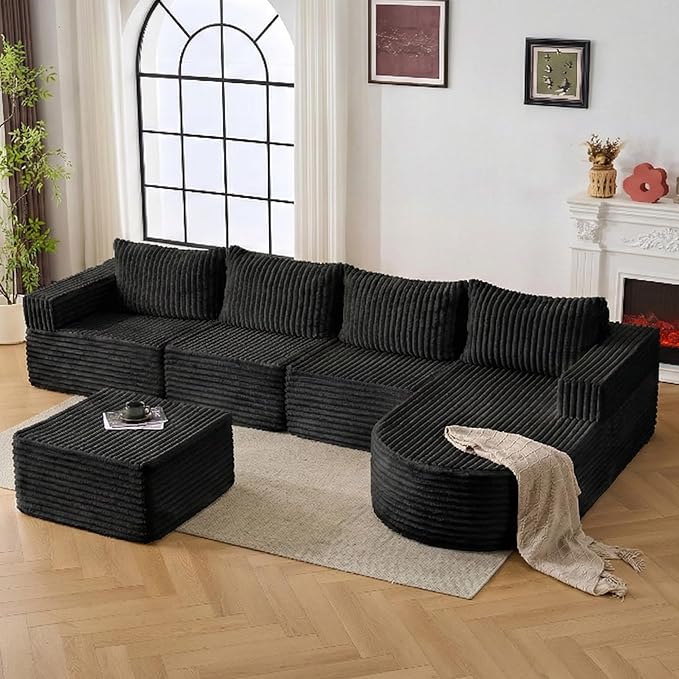132” Boneless Couches for Living Room, L-Shaped Modular Sectional Sofa with Chaise & Ottoman, Modern Corduroy Cloud Couch with Deep Seat, Comfy Sponge Compression Convertible Sofas