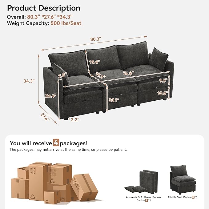 80" Cloud Modular 3 Seater Sofa with Storage, Modern Upholstered Storage Sofa Couch Deep Seat, Sectional Sofa Chenille Comfy Couch with Armrests for Living Room, Small Space, Dark Grey | Sofa Storage, Storage Sofa, Deep Seat, Sectional Sofa, Comfy Couch