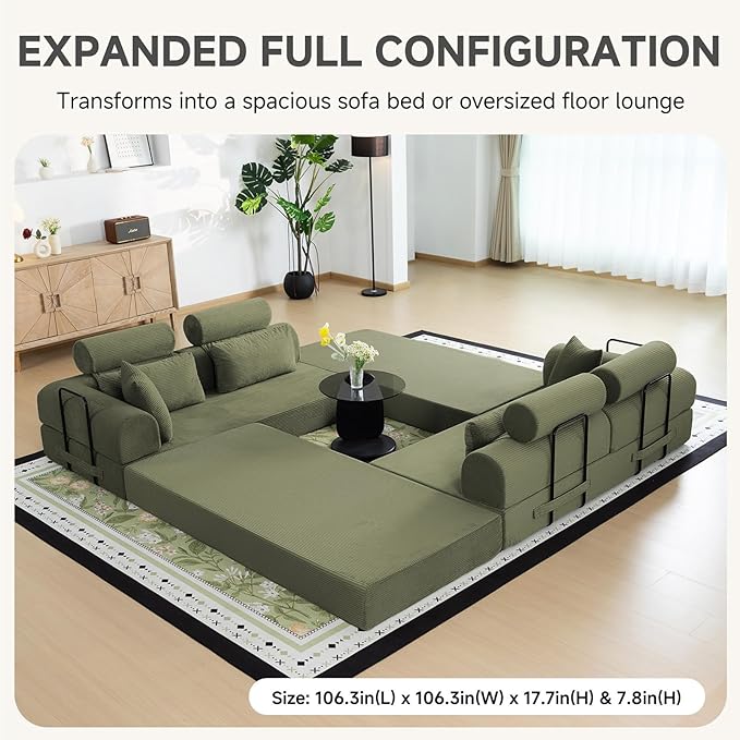 106” L Shaped Boneless Sectional Couch, Two 70.87” Pieces Convert to 141.7” Extra Long Straight Sofa, Corduroy Couch in a Box with Headrest and Back Pillows for Apartment Living Room, Light Green