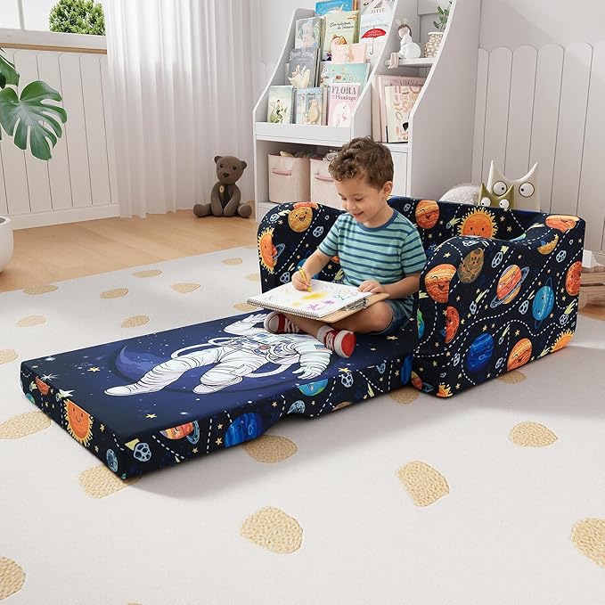 MeMoreCool Folding Kids Couch – 2-in-1 Toddler Sofa Bed & Lounge Chair | Astronaut Print | Fold-Out Design | Washable Cover | Ages 1–3
