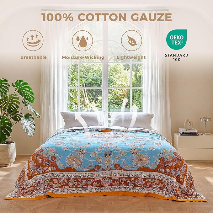 LUTBM Boho Throw Blanket for Bed Cotton Spring Blankets for Bedroom Living Room Twin All Season Lightweight Floral Embroidery Quilt for Couch Sofa Chair 60"x80" Home Decor