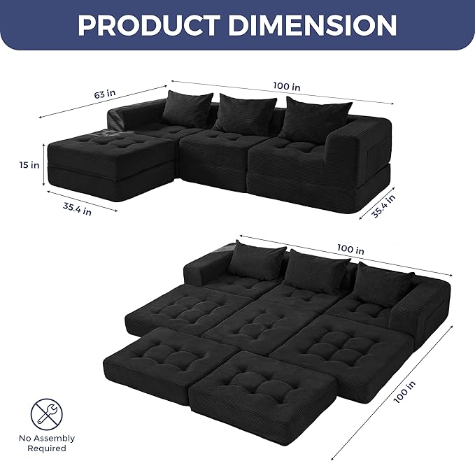 MAXYOYO Modular Sectional Sofa Couch, Foldable L-Shaped Folding Sofa Bed with Ottoman, Convertible Sectional Couch Corded Tufted Floor Sofa Lounger with Pillows for Living Room, No Assembly, Black