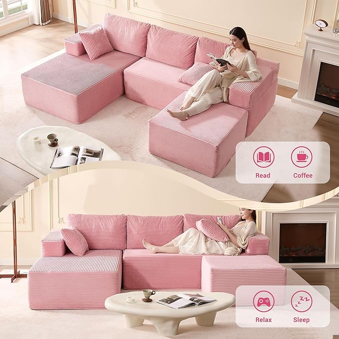 107" Boneless Couch with Deep Seat, Set of Modular Sectional Sofa, Cloud Sectional Couch for Living Room, No Assembly Required, Corduroy, U-Shape 3 Seater Left, Pink