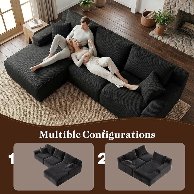 97”Modular Sectional Sofa, Cloud Sectional Couch with Deep Seat, Modern Modular L-Shape Sofa Couch, Upholstered Boneless Couches for Living Room Bedroom (Black Check, Left Facing Chaise)