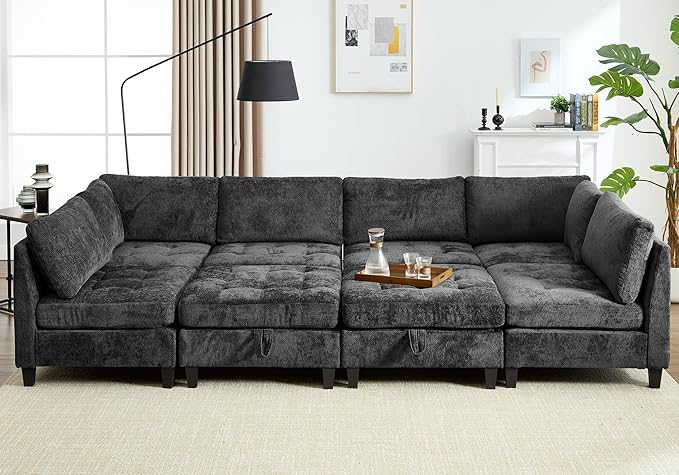 Luxe Oversized Modular Sectional Sofa, Modern Chenille Convertible Sleeper Sofa with Storage Ottoman, Comfy Deep Seat U-Shaped Cloud Couch for Living Room（Dark Grey，6-Seater + 2 * Ottoman + Tea Tray）