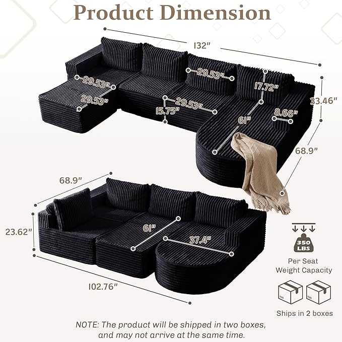 132” Boneless Couches for Living Room, L-Shaped Modular Sectional Sofa with Chaise & Ottoman, Modern Corduroy Cloud Couch with Deep Seat, Comfy Sponge Compression Convertible Sofas
