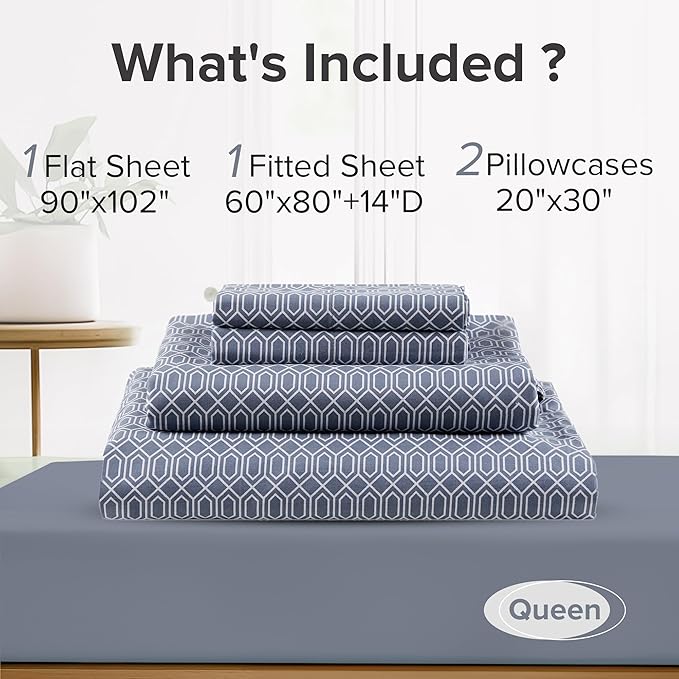 Comfort Spaces 100% Cotton Sheets Queen, Breathable, Naturally Cool Cotton Sheets, Soft Cotton Bed Sheets with 14" Elastic Pocket Fits up to 16" Mattress, All Seasons Sheet Set, Diamond Blue 4 Piece