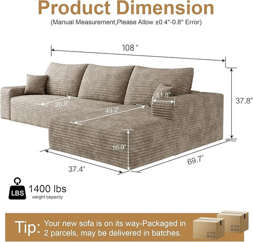 108" Sectional Couches for Living Room Cloud Couch Sofa with L-Shape Upholstered Boneless Couchs Modern Modular Sectional Couch with Chaise (Camel, 108" Right Facing Chaise+2Seaters)