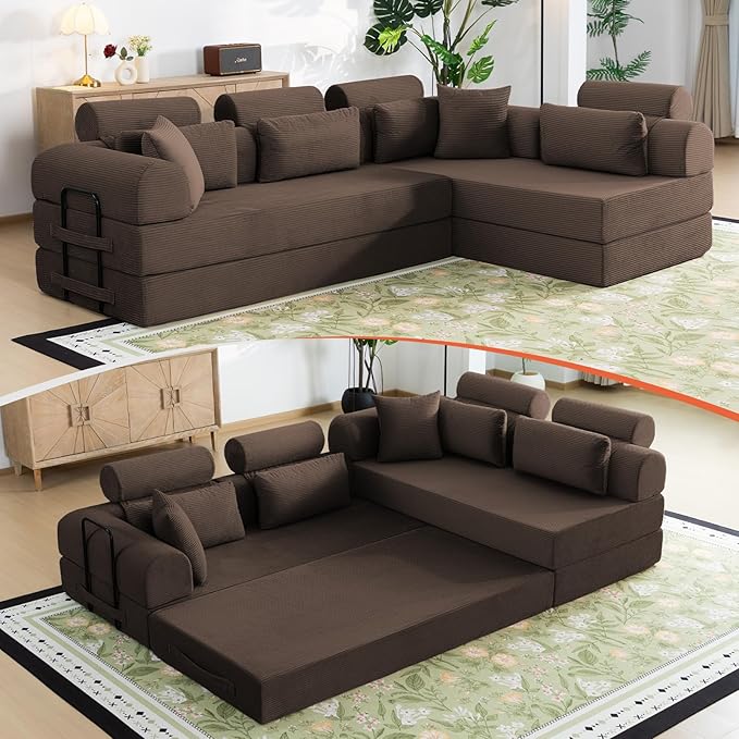 Boneless Sectional for Small Spaces, 106” L Shaped Couch from Two 70.87” Modules, Reconfigures to 141.7” Straight Sofa, Corduroy Compressed Couch in a Box with Headrest Back Pillows, Brown
