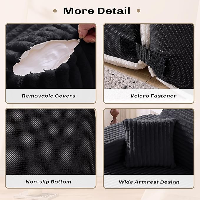 Modern Curved Boneless Sofa Couch, L-Shaped Corner Sofa, Corduroy Upholstered Cloud Sectional Couch for Living Room, Bedroom and Apartment,No Assembly Needed(Black, Right Hand Facing)