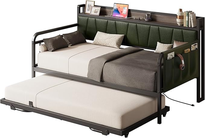 LIKIMIO Daybed with Trundle Bed, Twin Bed Frame with Storage Headboard and Charging Station, Sofa Day Bed with Strong Supports for Living Room, Bedroom, and Guest Room, Dark Green
