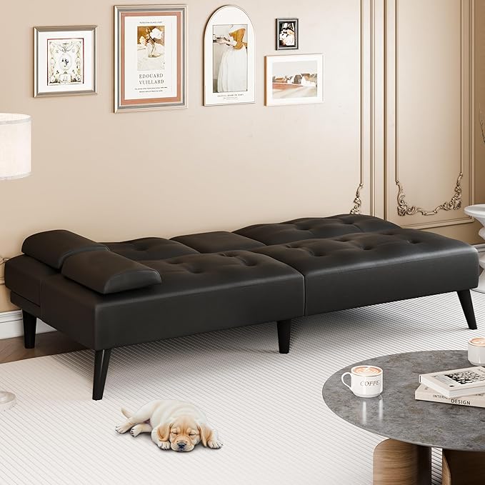 Meilocar 64" Futon Sofa Bed, Small Loveseat with 2 Cup Holders, Small Couch with 3 Adjustable Angles & Removable Armrest, Modern Sleeper Sofa for Apartment, Office (PU Leather, Black)