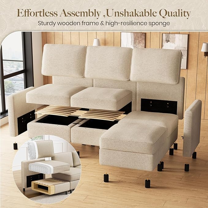 Belffin 84.3" 5 Seats U Shaped Couch Modular Sectional Sofa Washable Sectional Couches for Living Room Comfy Couches with Storage Seat Couch Sofas with Chaise,Beige