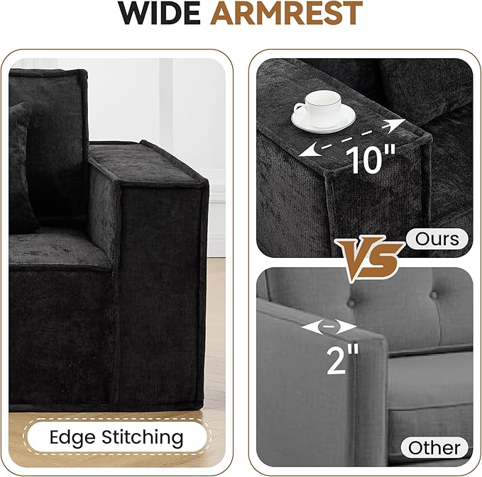138'' Boneless Chenille L Shaped Couch, Oversized Modular Sectional 6 Seater Sofa, Modern Deep Seat Corner Cloud Compressed Couch, No Assembly Sleeper Sofa with Chaise for Living Room, Black