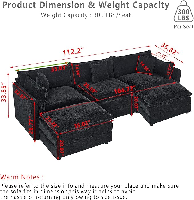 Setawix Deep 3 Seater Couch with Ottomans,112.2" U-Shaped Cloud Couches for Living Room,Chenille Cloud Sofa Couch with Deep Seat,Modular Sectional U Shape 3 Seat Sofa for Bedroom(Black, 3+2)
