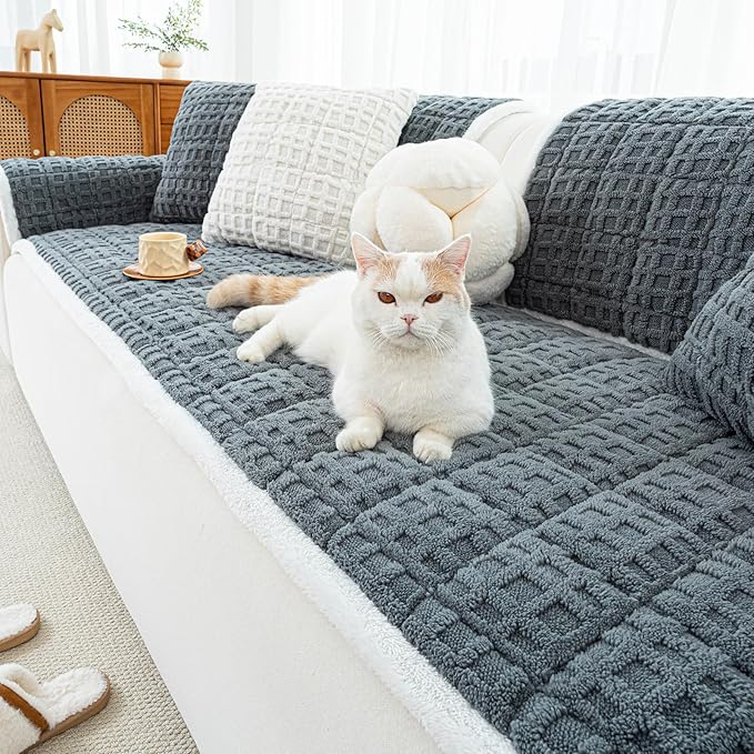 Dog Couch Cover, Couch Cover for Dogs Washable, Funny Fuzzy Plush Sofa Covers, Non Slip Dog Covers for Couches and Sofas, Sofa Pad Furniture Protector for L Shaped(Dark Grey, 27.6"x 70.9")
