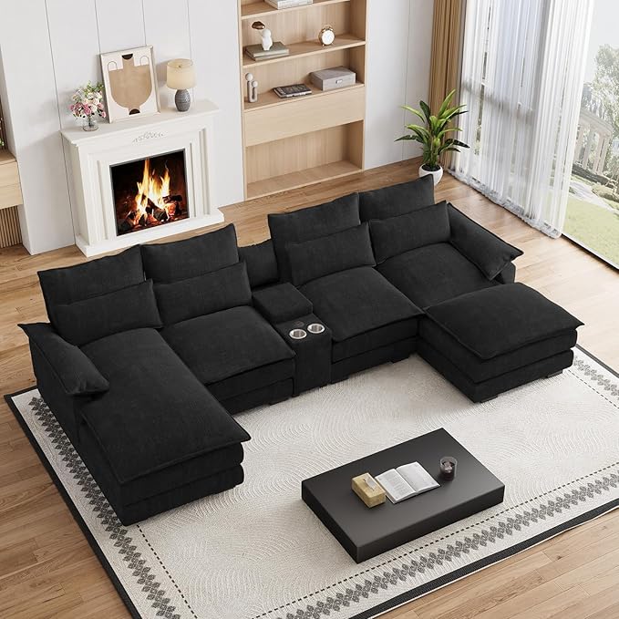 135" U Shaped Cloud Couch Sectional Modular Sectional Couches for Living Room Oversized Comfy Chenille Sofa Cloud Couch Set with Storage Central Console, USB Ports, Chaise Lounge, Ottoman, Black