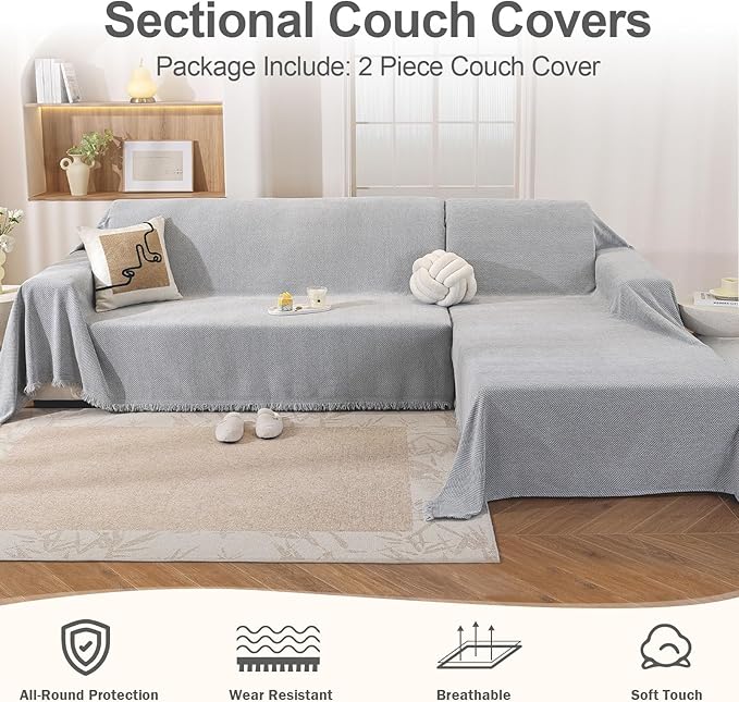 OstepDecor Sectional Couch Covers 2 Pieces, L Shaped Couch Cover Blanket, Sectional Sofa Cover Washable, Chaise Lounge Sofa Slipcovers Pet Furniture Protector for Dogs (71"x102"+71"x118", Light Grey)