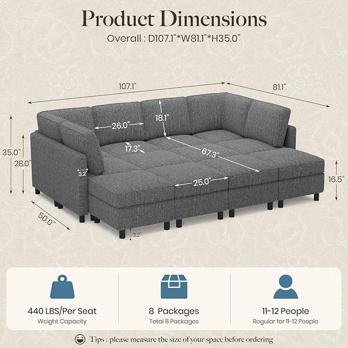 Belffin 110.2" 12 Seats Modular Sectional Sofa Sleeper Sofa Big Washable Sectional Couches for Living Room Comfy Couches with Storage Seat Couch Sofas with Chaise,Grey