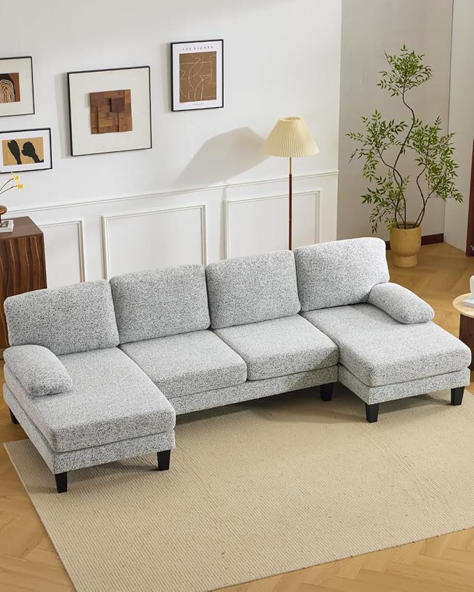 Karl home 110" U-Shape Sectional Couches for Living Room Chenille Upholstery 4 Seat Sofa Set with Double Chaises & Wood Grain Legs for Apartment, White & Grey