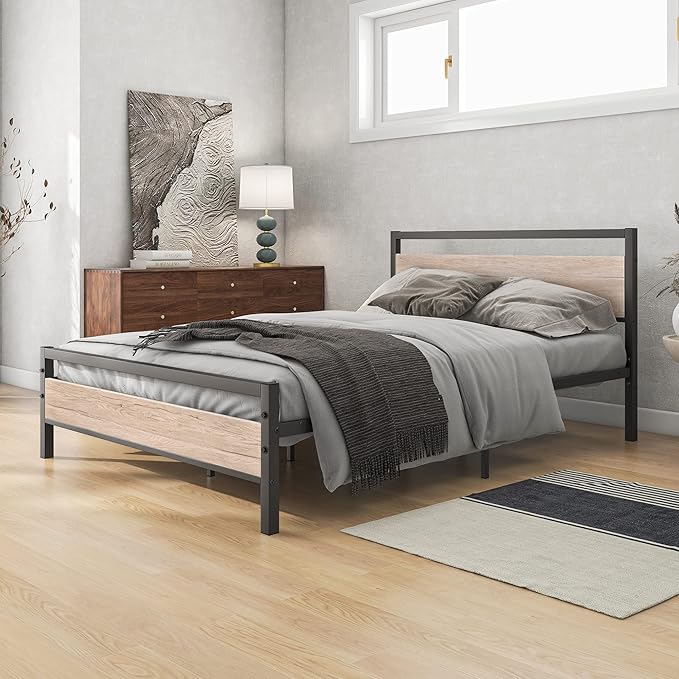 BOFENG Full Size Bed Frame with Wood headboard,Rustic Metal Platform Bed Frames Full,Industrial Bed Frame with Storage No Box Spring Needed,Mattress Platform with Steel Slat Support,Oak Color