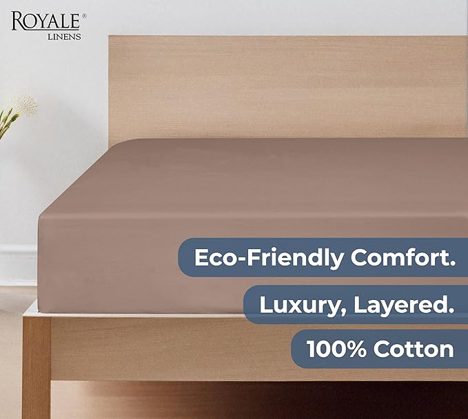 Royale Linens 100% Organic Cotton Fitted Sheet - Percale Weave - Super Soft Deep Pocket Bottom Sheets - Mocha Elastic Sheet Twin XL Size - Twin XL Fitted Sheets Only - (39"x75"+15", Mocha)