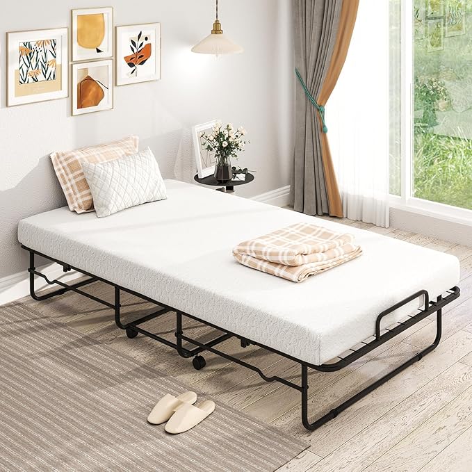 Giantex Twin Folding Bed with Mattress, Roll Away Portable Guest Bed w/Sturdy Metal Frame, Space-Saving Rollaway Bed with Memory Foam Mattress for Adults, 75" x 38"