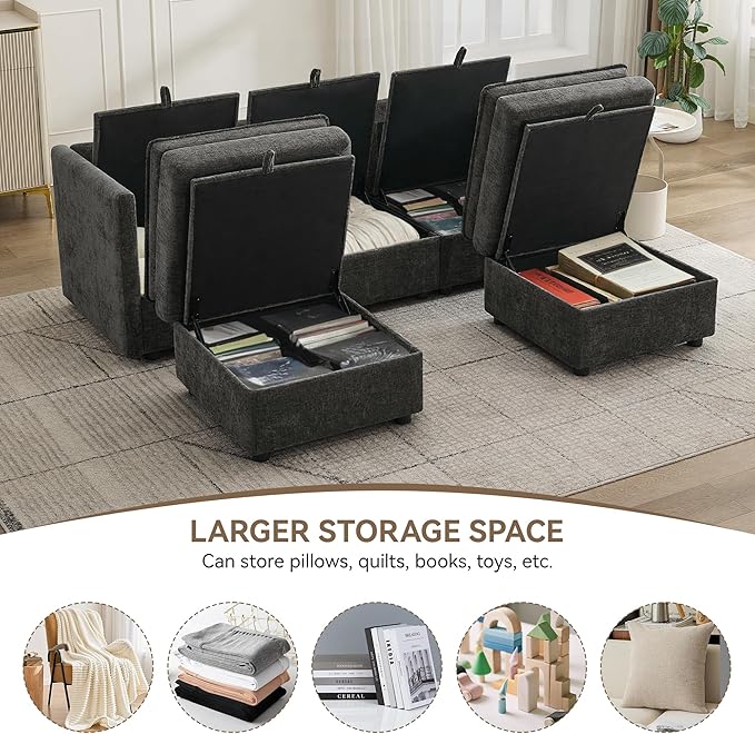 80" Cloud Modular 3 Seater Sofa with 2 Storage Ottoman, Modern Storage Sofa Couch Deep Seat, U Shape Sectional Sofa Chenille Comfy Couch with Armrests for Living Room, Small Space, Dark Grey | Modular Sofa, Storage Ottoman, Upholstered Sofa, Sectional ...