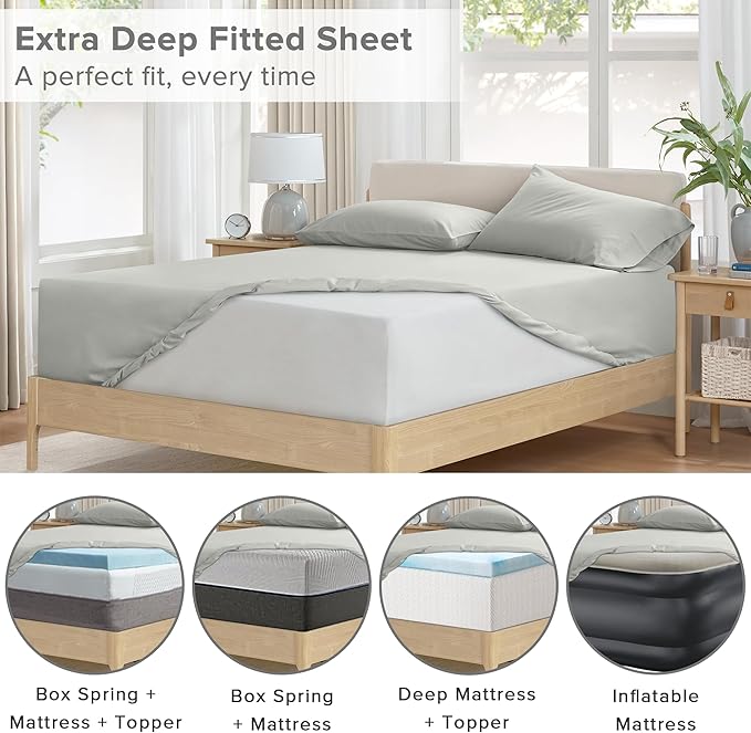 Comfort Spaces Extra Deep Pocket, 100% Cotton Queen Fits up to 24" Mattress, Breathable, Naturally Cool Cotton, Soft Cotton Sheets, All Seasons Sheet Set, Grey 4 Piece