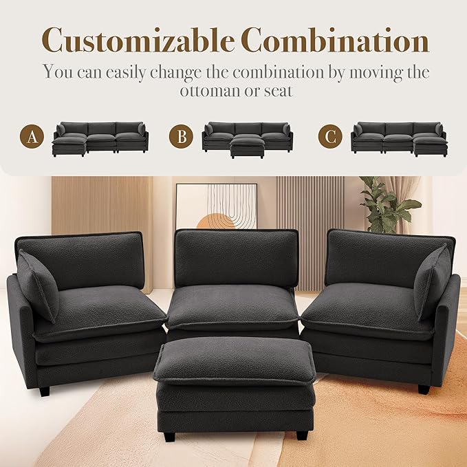 ROWHY 112'' Modular Sectional Cloud Couch with Movable Ottoman, 4 Seat Modern Chenille Sofa with 2 Throw Pillows, Deep Seat L Shaped Couch for Living Room Bedroom Apartment, Dark Grey | Arrange Freedom, Pet-Friendly Fabric, Sturdy Frame, Ultimate Comfo...