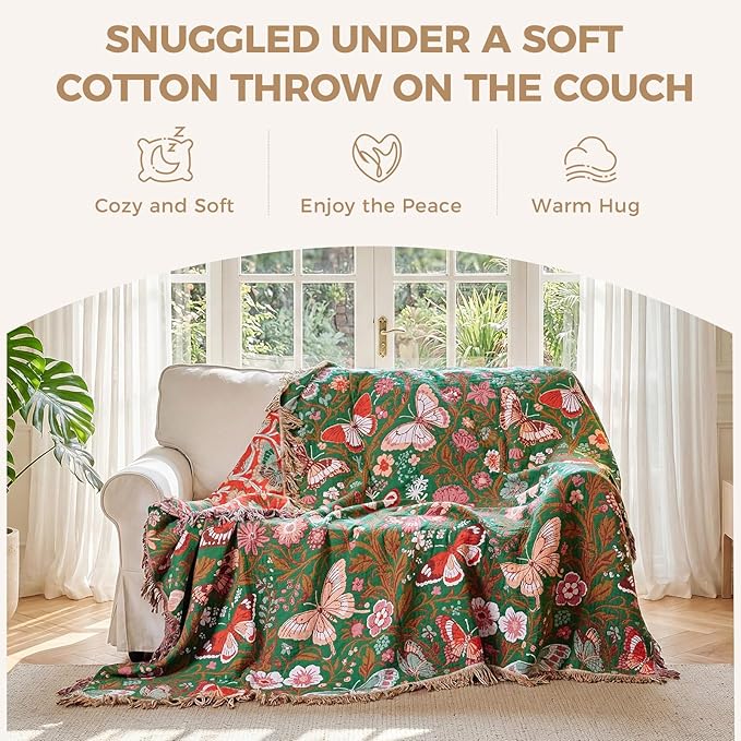 LUTBM Boho Throw Blanket for Bed Cotton Blankets for Bedroom Living Room Twin All Season Lightweight Butterflies Embroidery Quilt for Couch Sofa Chair 60"x80"