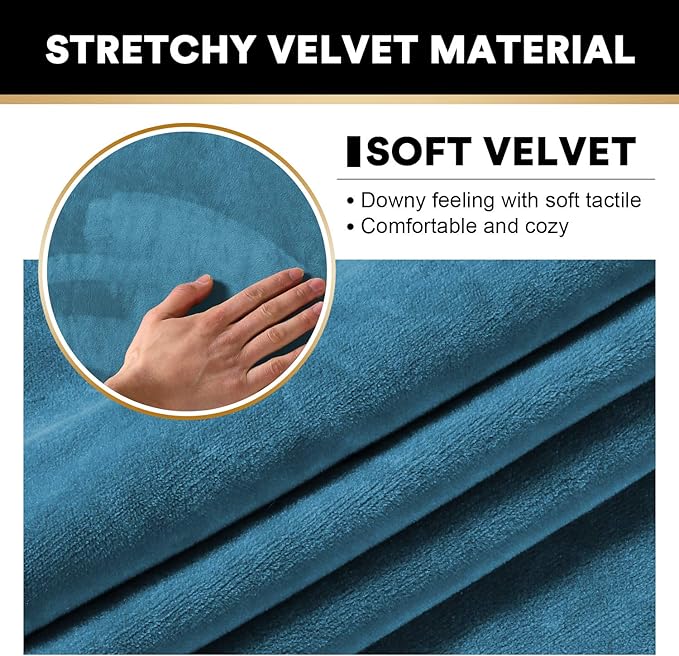 PrinceDeco Velvet Plush Couch Cover Stretch 2 Piece Chair Cover Chair Slipcover Washable Furniture Protector Couch Soft with Elastic Bottom Armchair Cover Width Up to 49 Inch(Small, Blue)