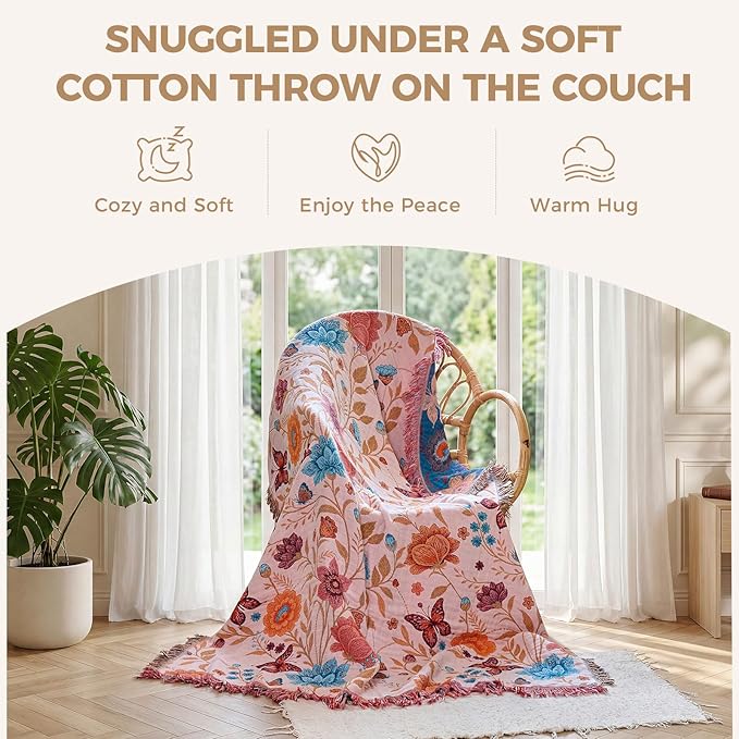 LUTBM Boho Throw Blanket for Bed Cotton Spring Blankets Twin Size for Bedroom Living Room All Season Lightweight Floral Butterfly Embroidery Quilt for Couch Sofa Chair 60"x80" Home Decor