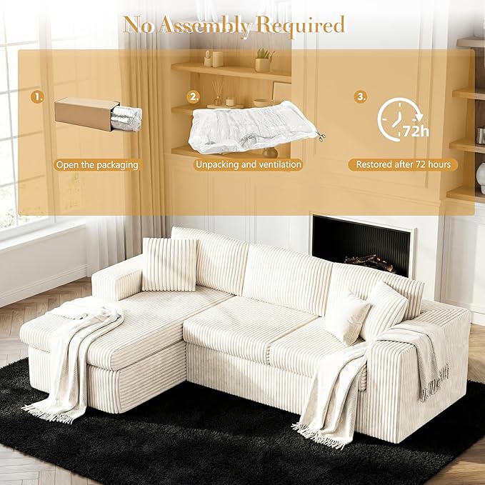 Shintenchi 105" Modular Sectional Sofa, Boneless L Shaped Couch with Deep Seat, Cloud Foam Couch with Oversized Chaise, Plush Corduroy Sofa No Assembly Needed for Living Room, Beige