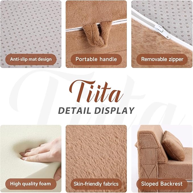 Tiita Convertible Folding Kids Sofa Bed with Pillow & Storage Bag, Plush Fabric Floor Mattress Couch Bed, Washable Cover, Kids Room, Playroom, Dorm, Apartment, Brown