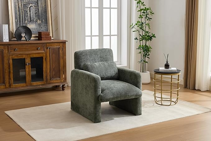 GDFStudio 30" Modern Accent Chair, Upgrade Leisure Boucle Upholstered Armchair with Straight Arms and Waist Pillow, Comfy Single Sofa Chair for Living Room Bedroom Office Apartment, Antique Green