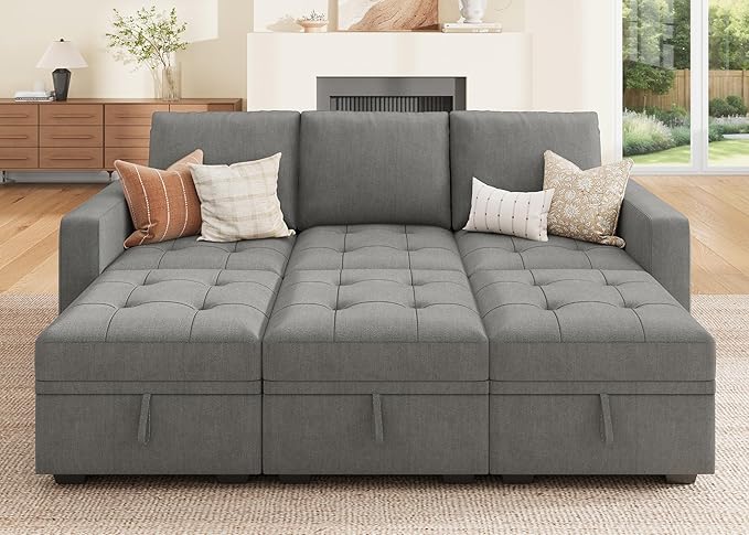 HONBAY Modular Sectional Couch Sleeper Sofa Bed with Storage Seats Oversized Sectional Couches for Living Room,Warm Grey