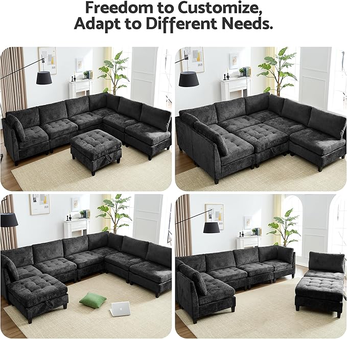 Luxe Oversized Modular Sectional Sofa, Modern Chenille Convertible Sleeper Sofa with Storage Ottoman, Comfy Deep Seat U-Shaped Cloud Couch for Living Room（Dark Grey，6-Seater + 1*Ottoman）