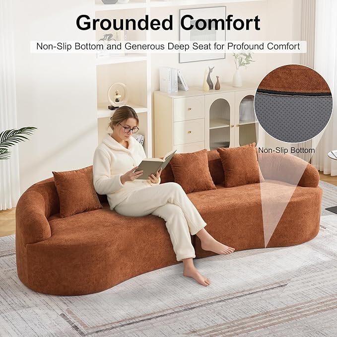 110.2" Curved Boneless Couch, Oversized Cloud Sofa with 4 Pillows, Modern 4 Seater Modular Sectional Sofa, Boneless Sectional Couches for Living Room, Curved Foam Couch, Orange