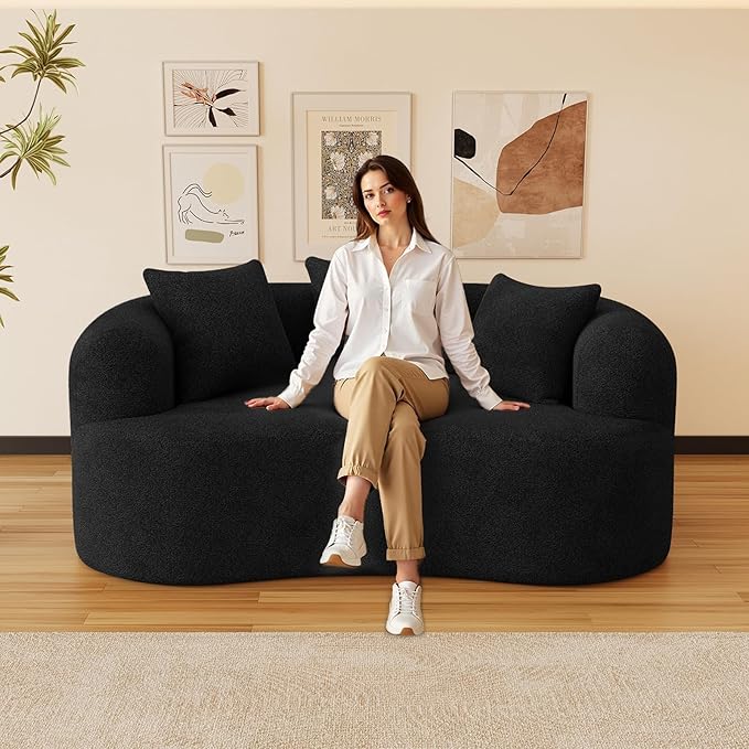 69" Curved Loveseat Sofa for Living Room, Modern Chenille Love Seat Cloud Couch, Luxury Plush Extra Deep Oversized Sofa for Small Spaces, Bedroom, Apartment‌, No Assembly Required, Black