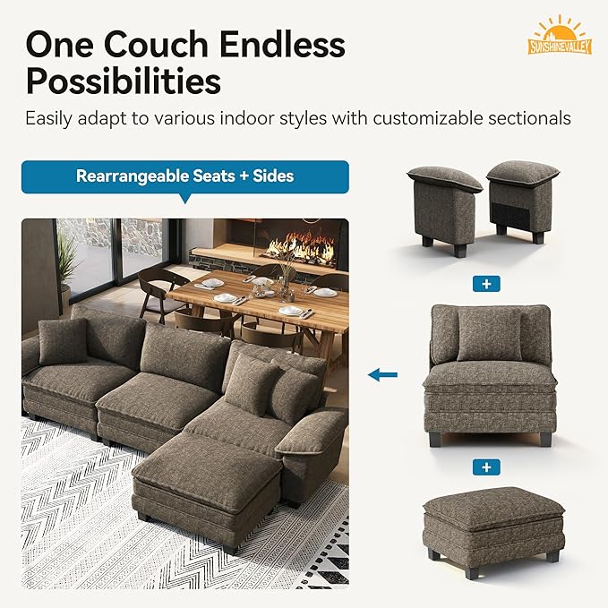 Sectional Loveseat with Ottoman, 87.5'' Oversized Chenille Love Seat Modular Sofa Couch with Pillow, 3-Seat Modern L Shaped Cloud Deep Seat for Bedroom Small Space, Smoky Grey