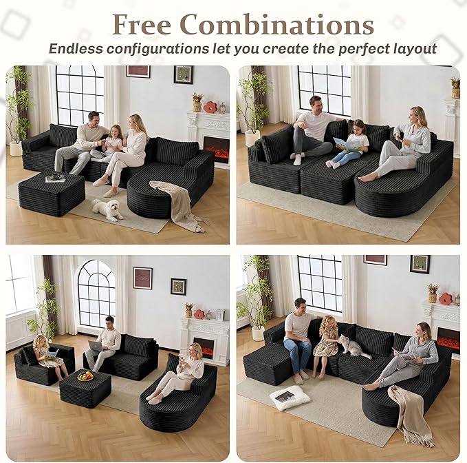 132” Boneless Couches for Living Room, L-Shaped Modular Sectional Sofa with Chaise & Ottoman, Modern Corduroy Cloud Couch with Deep Seat, Comfy Sponge Compression Convertible Sofas