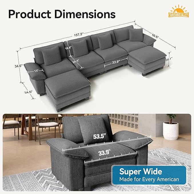 U Shaped Modular Cloud Couch, 157.5'' Oversized Corduroy Sectional Sofa with Wider Armrest and Ottoman, Upholstered 6-Seat Modern Deep Seat for Bedroom Living Room, Grey